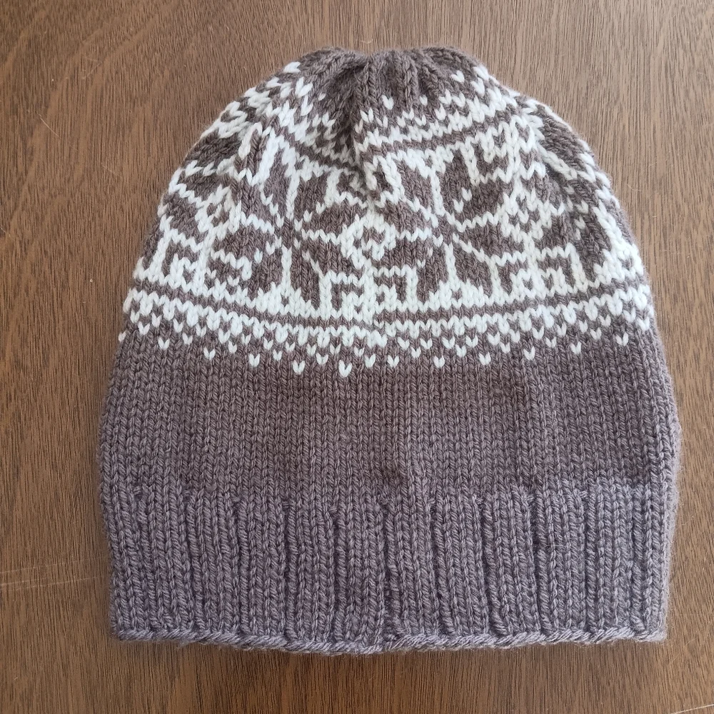 Hand Crafted Handknit Taupe Brown & Ivory Scandinavian Motif Beanie Hat OSFM